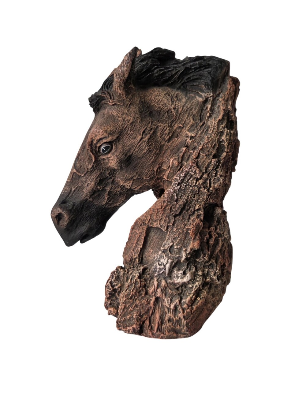 Horse Head Bust Sculpture Brown Faux Wood Look Resin Figurine Indonesia 6”